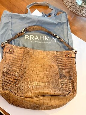 Brahmin Cognac Croc-Embossed Leather Shoulder Bag